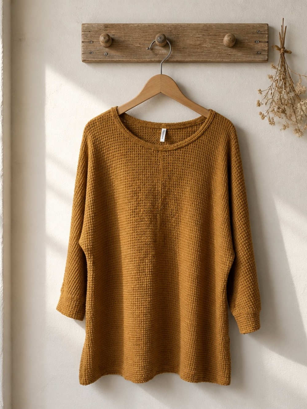 Dokotoo Waffle Knit Long Sleeve Shirt Womens Large NWT Brown Tan Side Slit Tee - Picture 2 of 10